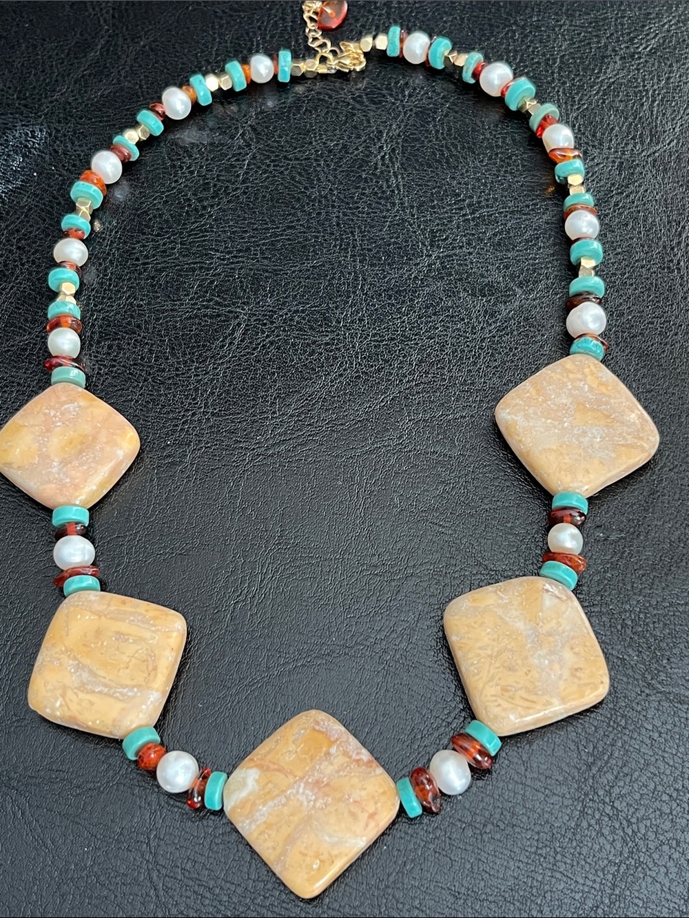 Beige Jasper & Amber  Turquoise Accent Beaded Necklace